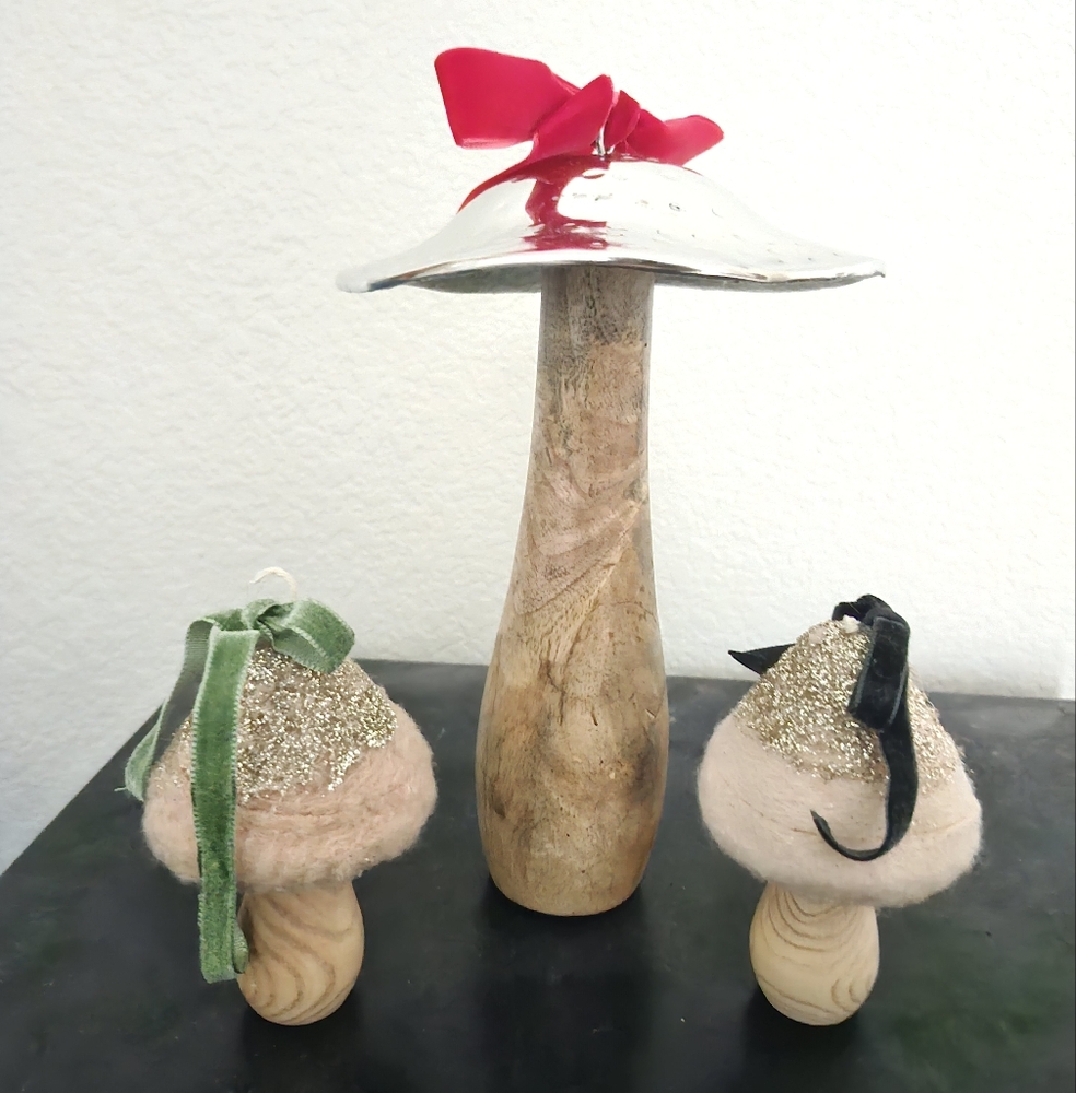 Boutique Handmade Wooden Mushroom Decor - Felt Glitter Metal Forrest Fairycore